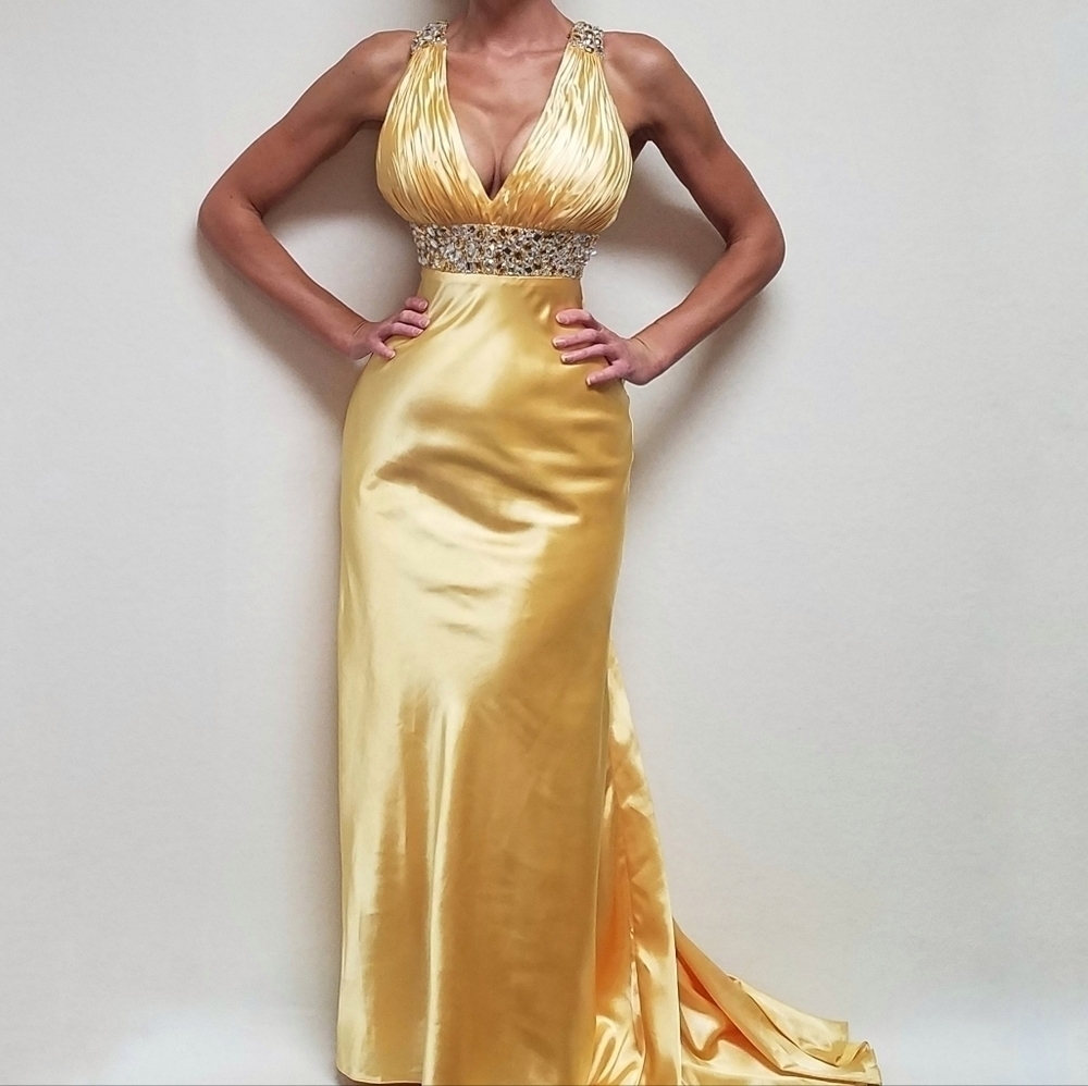 Vintage Beyond Jovani Yellow Charmeuse Shimmer V-neck Beaded Backless Maxi Dress - Picture 2 of 16